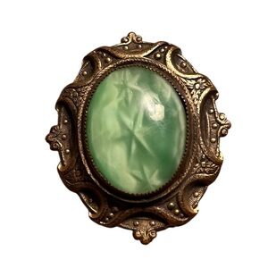 Vintage Green Cameo Brooch With Large Green Stone and Metal Setting
